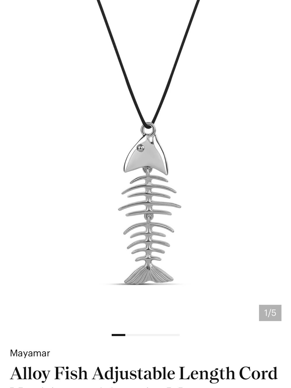 Silver Fishbone Pendant Necklace - Adjustable Black Cord by MAYAMAR New